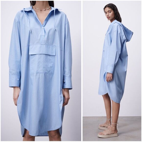 ZARA Oversized Hooded Striped Dress Pocket Cotton - Picture 3 of 12